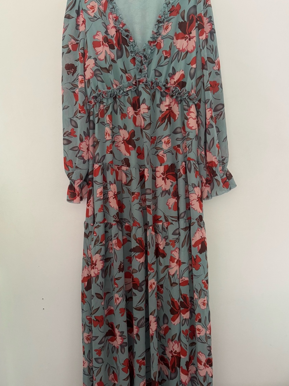 Floral Boho Maxi Dress in Sage Green/blue and Pink Romantic Cottage core size L